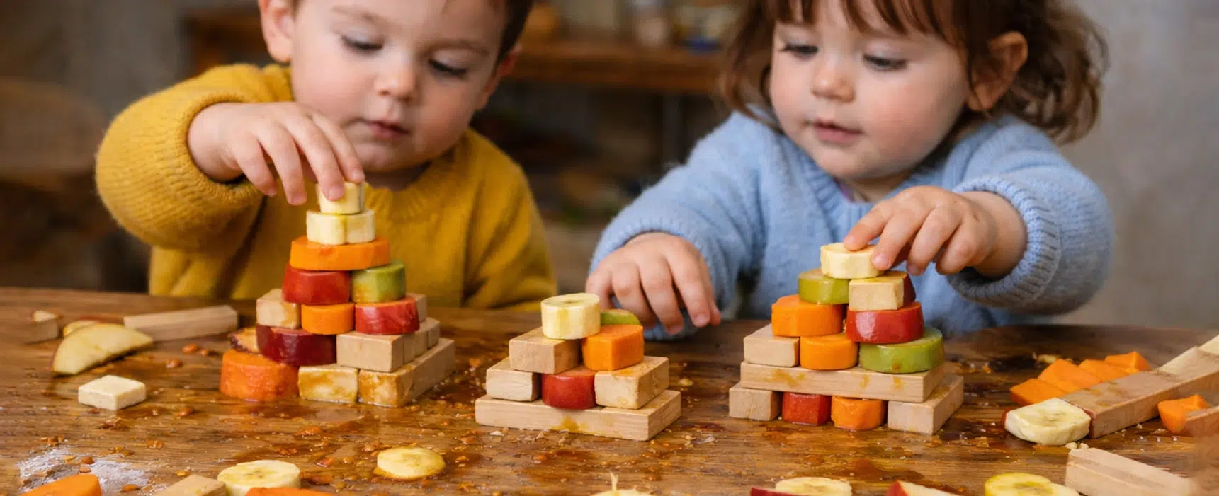 Deux enfants construisent une pyramide en blocs de bois